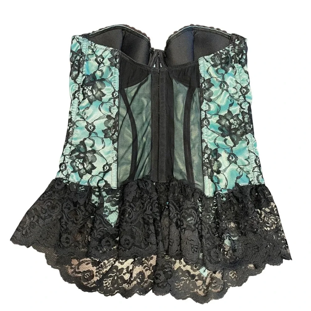 Fredericks of Hollywood Teal Black Lace Corset Bustier Sweetheart Bows Size 36‎